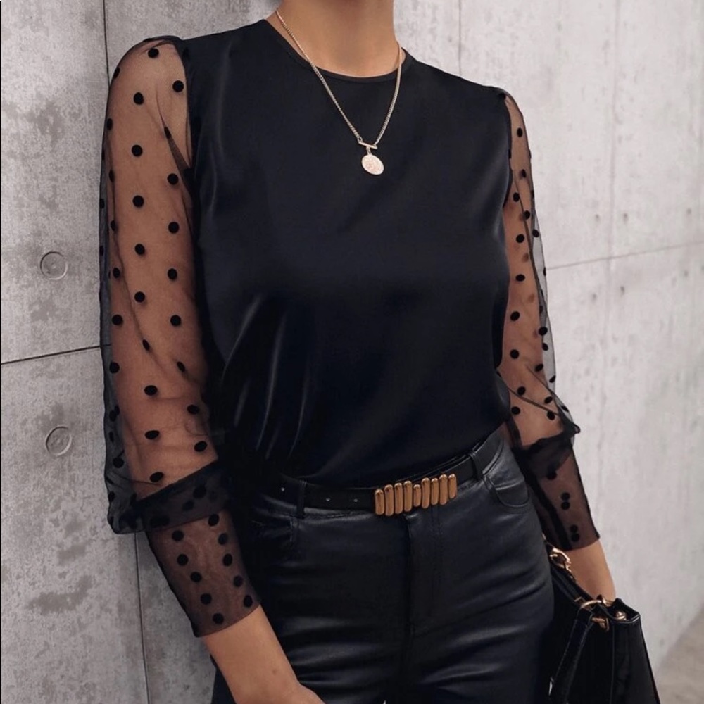 Boho black mesh dot sleeve blouse - Picture 5 of 16